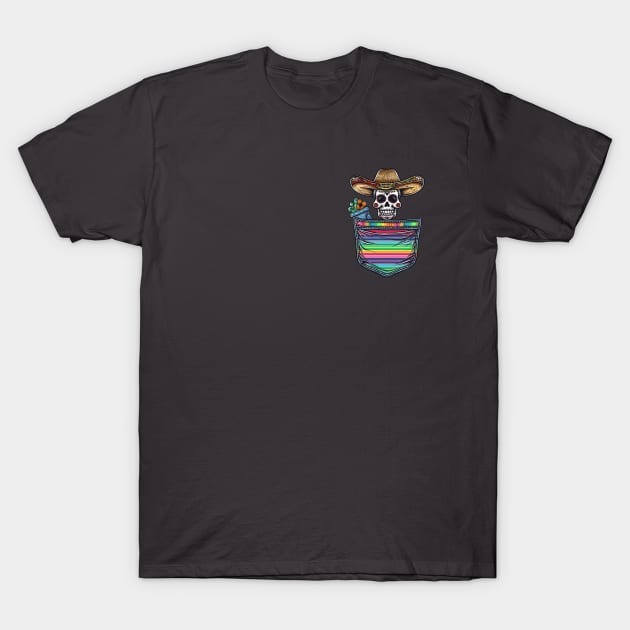 Colorful Mexican Skeleton Mariachi Pocket Serape Mexican holiday T-Shirt by RetroZin